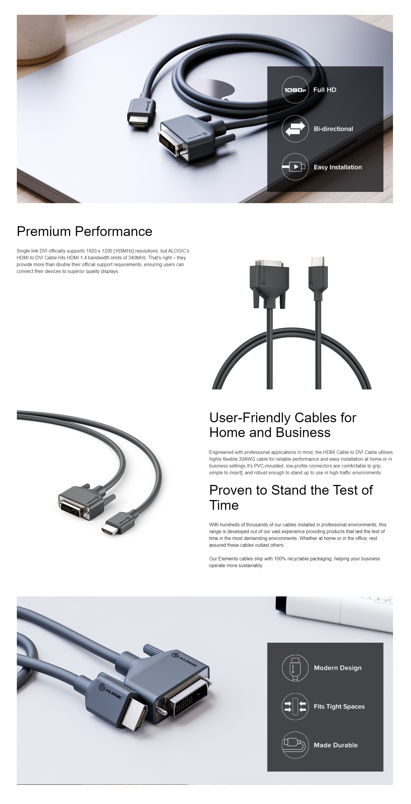 A large marketing image providing additional information about the product ALOGIC Elements HDMI to DVI Cable - 1m - Additional alt info not provided